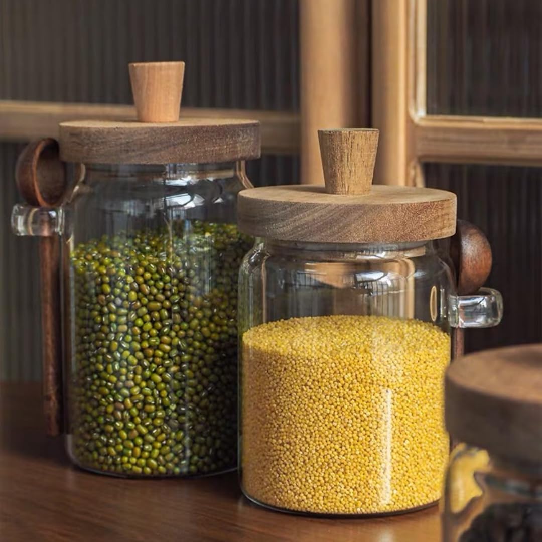 Glass Airtight Jar 🫙 Built-in Wooden Scoop